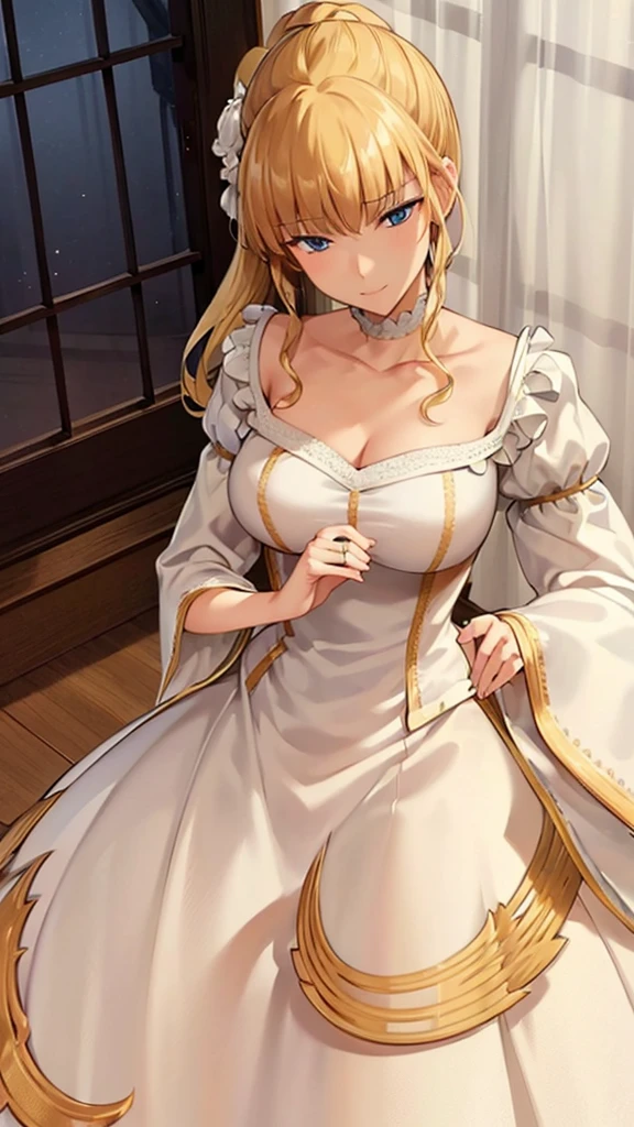 (masterpiece), (HD), pov, from above, blonde hair, (regal white and gold dress), intricately design, blue eyes, royal chamber, window, curtains, moonlight, night, smirk, hand on chest, 