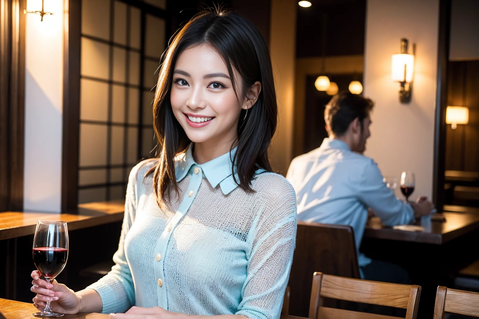 ((Highest quality、8K、masterpiece:1.3))、Shortcuts、cute、slimカップル、modelカップル、actress男優、(Realistic, Intricate details:1.2), full-course dinner、Wine Party、Amazing view of the sunset sky and clouds、A bright smile、short hair,Bright Face、 (Age 45), 42 years old, red wine 、Appetizers、Italian food、Wine bottle、Champagne、sparkling wine、Two beauties、Brown Hair、Shortcuts、Long sleeve shirt、dress、Beautiful woman 1, (slimな顔), (The body is slim), (Brown Hair), (Shortcuts), cheeks turn a little red,Attractive beauty、restaurant, In a prominent place (From the waist up) Nova Frog Style, actress, model, Upper Body, White wine, slim, wine glass, 中央に置かれたwine glass, smile, (smile: 1.15), Beautiful fine grain, Depth f/2,saturation, High Contrast, Strong light and shadow,Moist Body:1.5、3D texture、Delicate eyes、Brown Hair、The hair is very shiny、