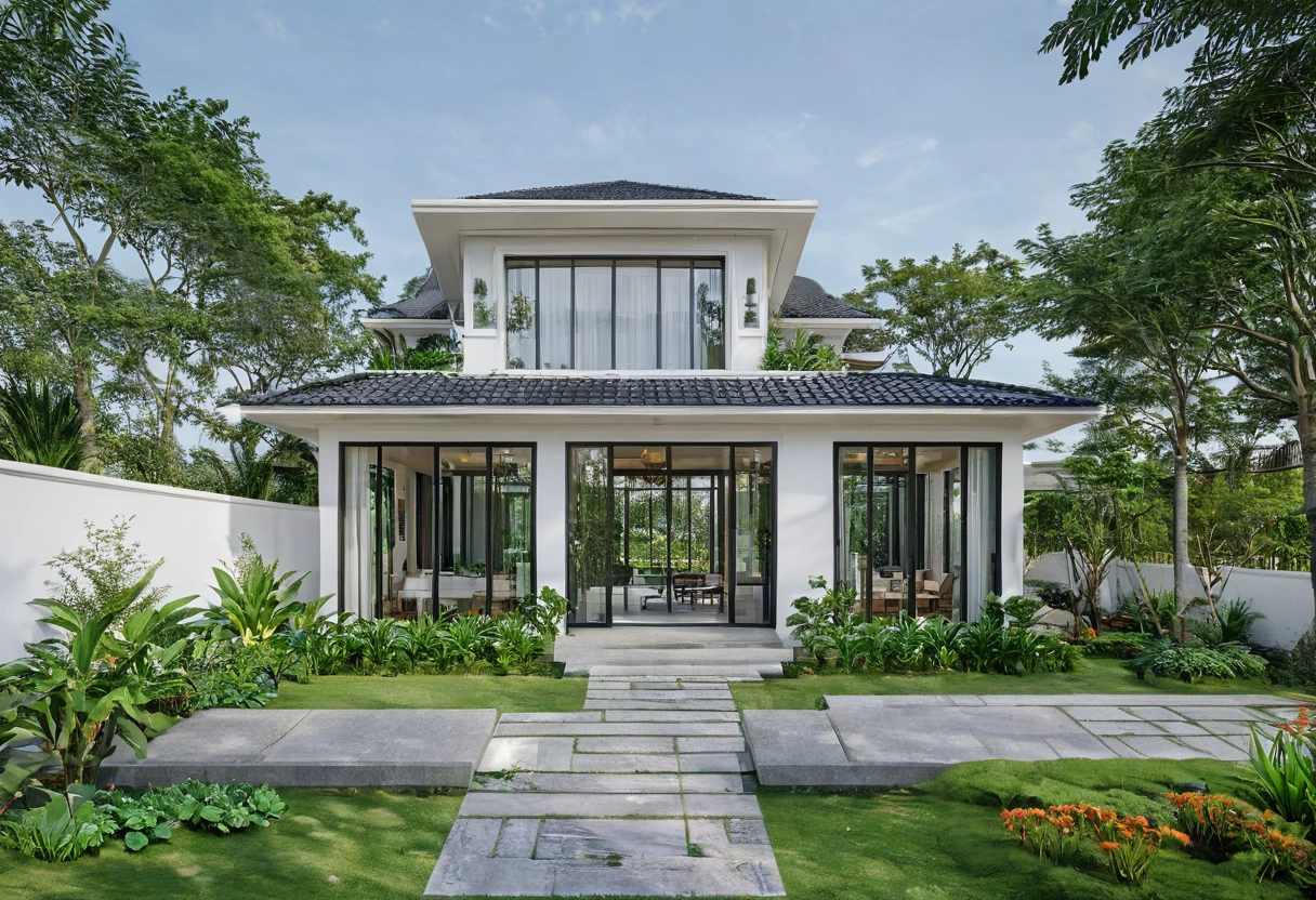 A highly detailed, high-resolution render of a indochine villa garden house with a width of 7 meters. The house features a sloped roof with a white facade and black-framed windows, similar to the provided image. The front yard includes a well-maintained lawn with some greenery and a small porch area with outdoor furniture. Add a stylish fence surrounding the property and an elegant gate at the entrance. Ensure the overall scene captures the serenity and simplicity of the garden house, with emphasis on the clean architectural lines and the harmonious integration with the surrounding garden. The image should be sharp, with a clear depth of field (DOF) to emphasize the details of the house's exterior and the garden elements.