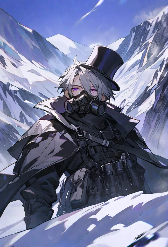 solo, handsome, 1 male, short hair, gray hair, purple eyes, black coat, black plague gas mask, black gloves, black top hat,background snow mountain
