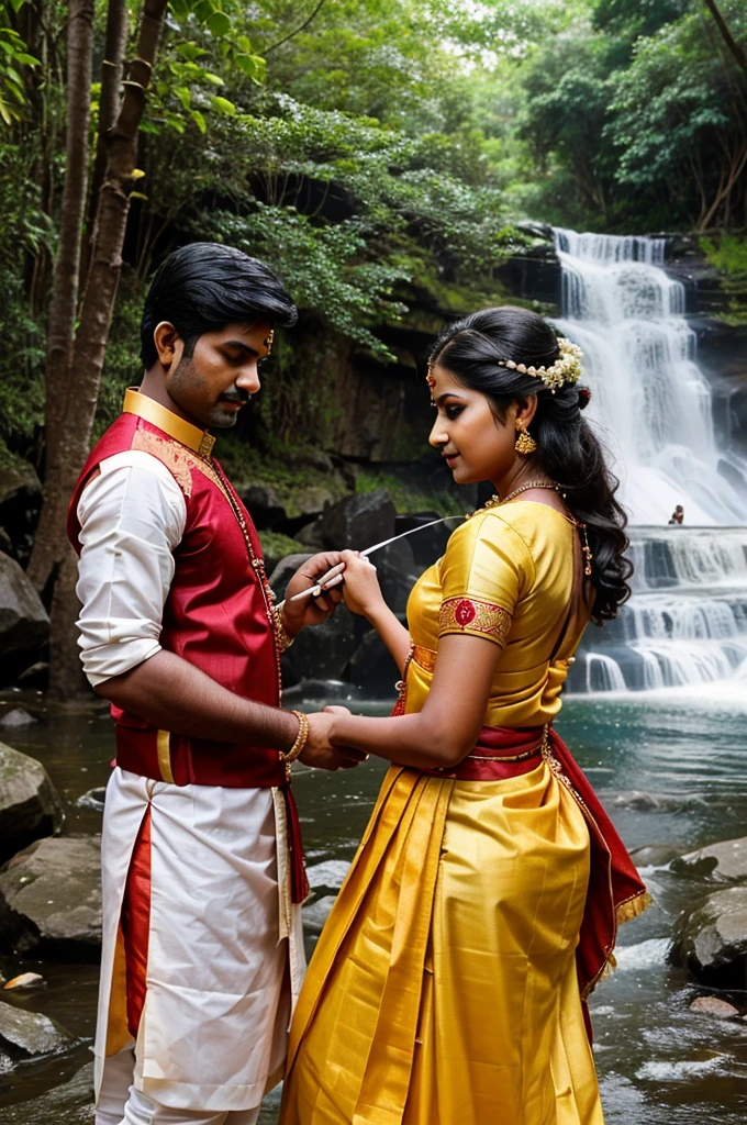 Create a image 
" Men and women marriage couple in cutralam five falls and couple was Tamil traditional dress and write a letter ' En Azhagi Di ' in couple back side