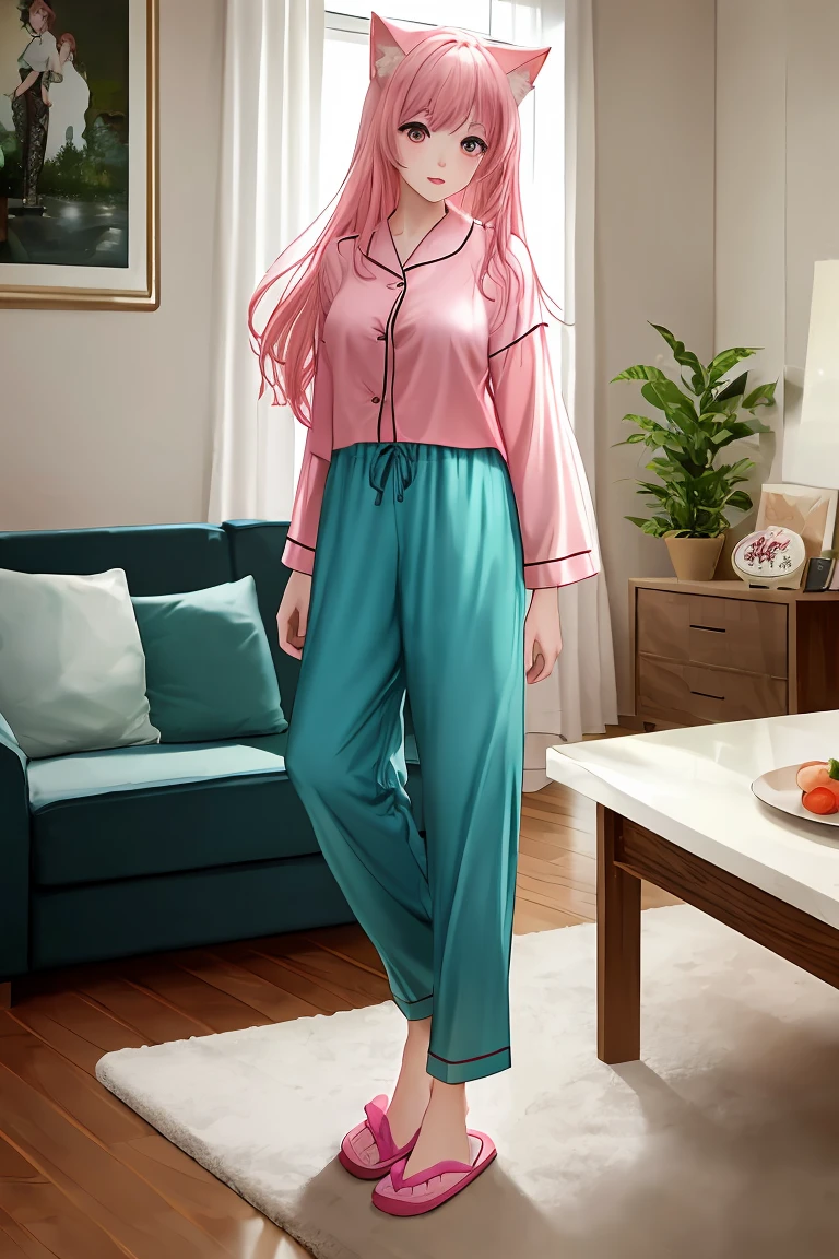 (score_9,score_8_up,score_7_up,score_6_up,score_5_up,score_4_up),masterpiece, top quality, best quality, official art, beautiful and aesthetic, animation, , 1girl with cat ear, perfect figure, pink hair, complicated details, living room, standing by the TV, wearing loose pajamas and slippers ,