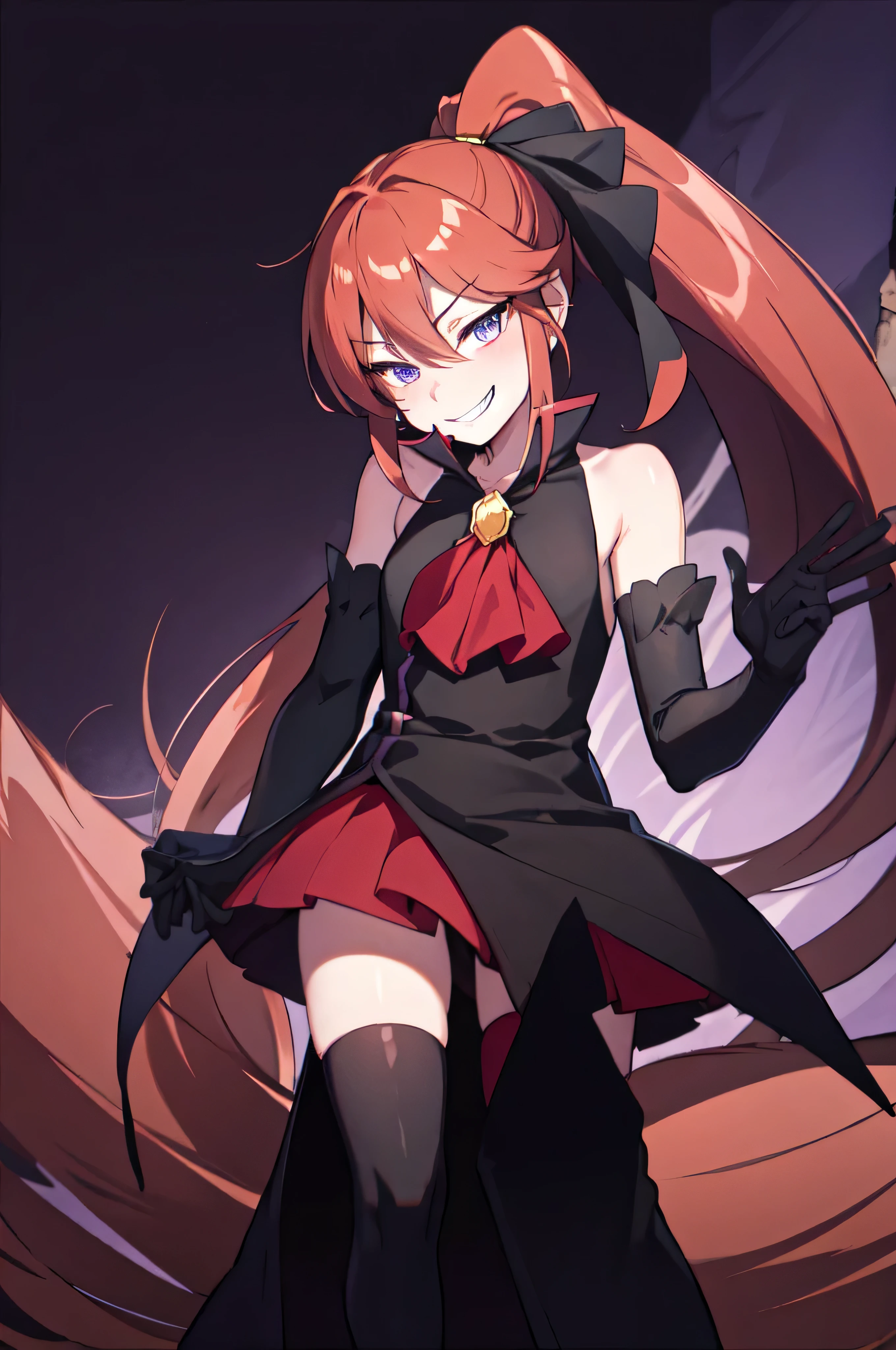 Highest quality, masterpiece, One Girl,Not beautiful, Red Ponytail, Long dress, brooch, Hair Ribbon, - Elbow hand pockets, Black knee socks, Standing on the rubble,  (Wicked Smile:1.1), ,,Dark shadowed face,Sadistic smile,Malice,Contempt,smile,latex,Bad face,,Red Skirt,two hands,two legs,five fingers,black and purple background,elbow gloves,


