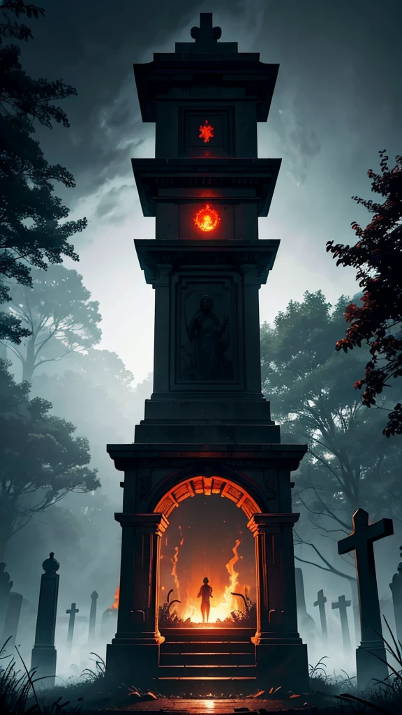 Photorealistic images, Reminiscent of classic horror movie stills, Dark and spooky cemetery at night, Swirl, In the background, the flaming gates to hell are open, The cemetery contains ancient, Weathered gravestone barely visible in the dark. The air is covered with mist、I hear an old tree々Just a creaking sound.. In the distance, big, The gates of fire have opened, An eerie orange light appears on the scene. Demonic creatures can be seen emerging from the portal., Their eyes glow red、The body was distorted into a bizarre shape..