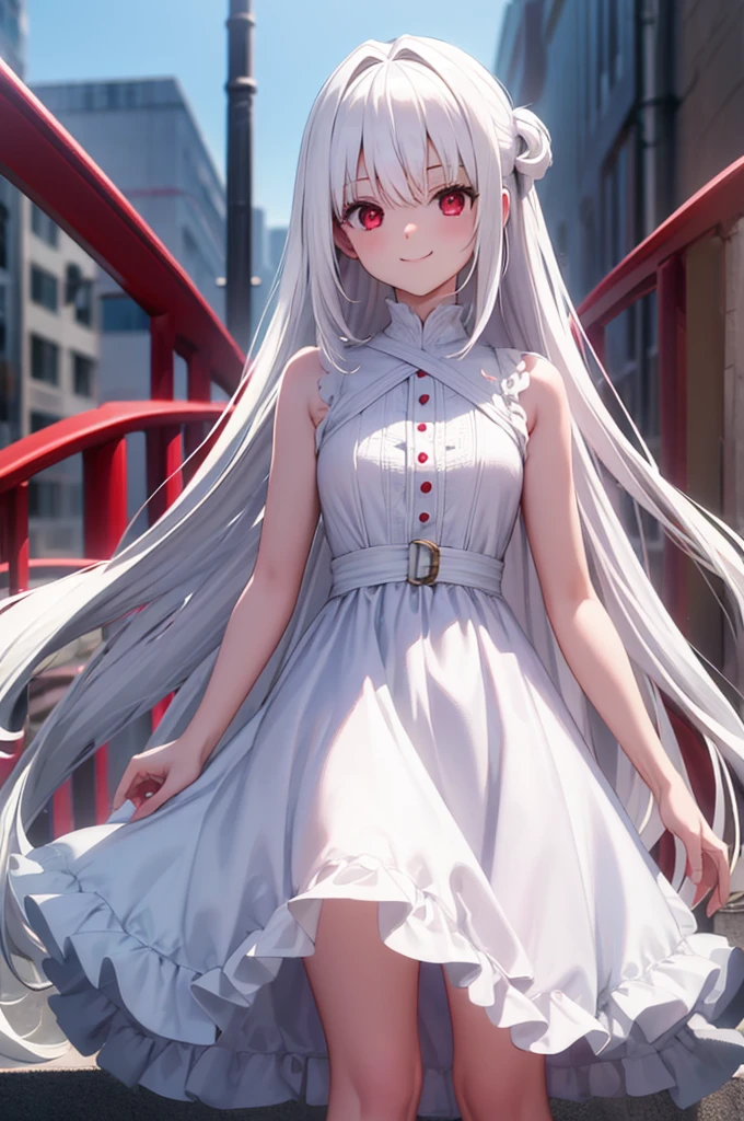 (masterpiece:1.3), (best quality:1.1), (8k, ultra detailed, ultra high res:1.2), ((anime style)), perfect 5 fingers, perfect anatomy, 
1girl,
BREAK long hair, (white hair:1.3), 
red eyes, dress, (Opalescent:1.3), sundress, 
smile, 
looking at viewer, 
upper body, 
standing, 
no background, 
