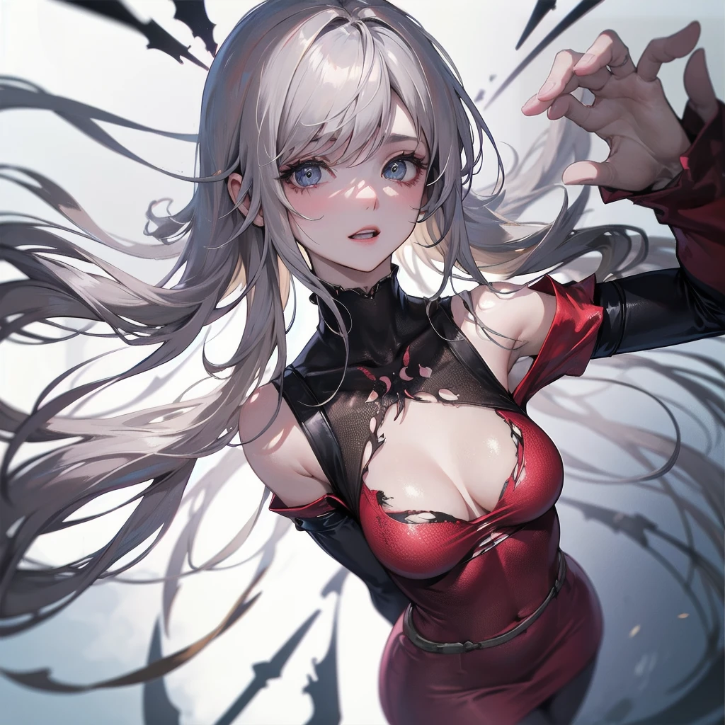 Outlook, Cute Smile, Strange Perspective, Red sweater,( change)Moderate, Separate Color,bs shoulder, Blushed,(Gray Hair), White Gloves,White boots,dirty,Torn clothes,Clothing that shows blood:1.3),, Tearing the cloak, tear pantyhose ,Cyberpunk Streetwear,in contrast,Cyberpunk Character Fashion,Wear high fashion clothes, , Bring your poster to life、impressive,Full Wear, Stylish,noon、From above、Observe your audience、Exquisite limbs、Elaborate eyes、Delicate fingers