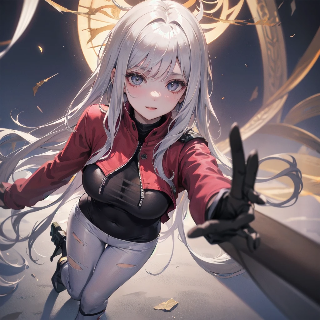 Outlook, Cute Smile, Strange Perspective, Red sweater,( change)Moderate, Separate Color,bs shoulder, Blushed,(Gray Hair), White Gloves,White boots,dirty,Torn clothes,Clothing that shows blood:1.3),, Tearing the cloak, tear pantyhose ,Cyberpunk Streetwear,in contrast,Cyberpunk Character Fashion,Wear high fashion clothes, , Bring your poster to life、impressive,Full Wear, Stylish,noon、From above、Observe your audience、Exquisite limbs、Elaborate eyes、Delicate fingers