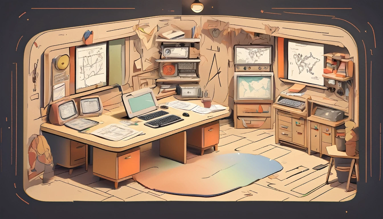 Cartoon style, drawing with black lines and colored, command center, a war room in 1950.