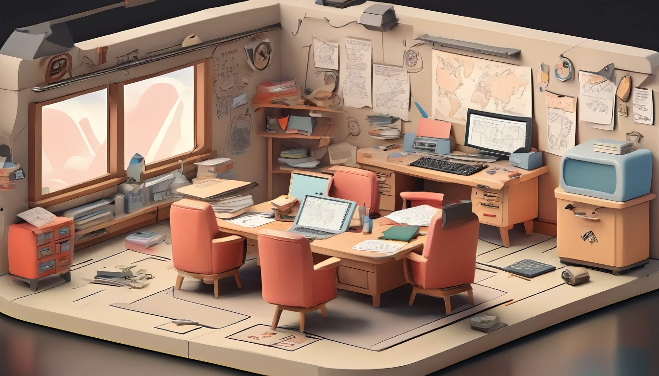 Cartoon style, drawing with black lines and colored, command center, a war room in 1950.