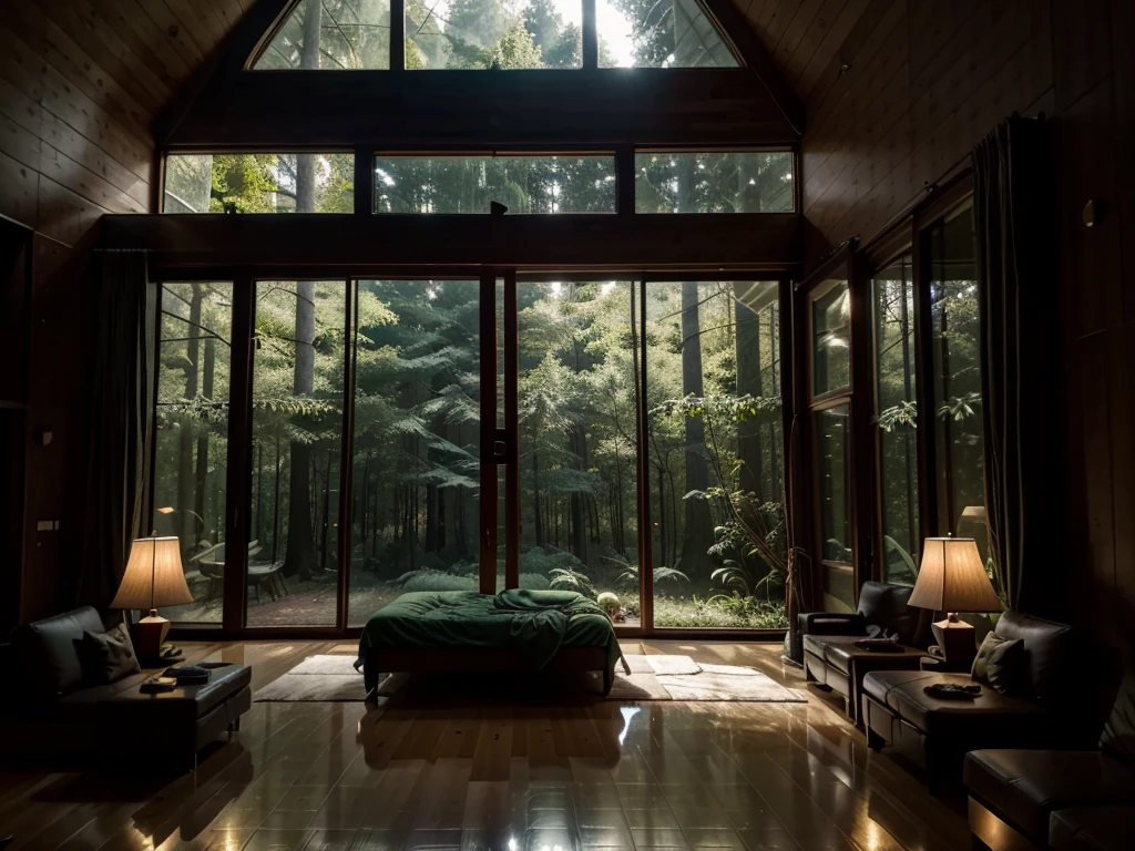 The double-height living room of the Forest House,Large floor-to-ceiling windows. It was dark outside,Dense trees cover the.. The living room is decorated with a bed and lamps that illuminate the room. Darker color palette,Green, Bringing the feeling of wild animals.