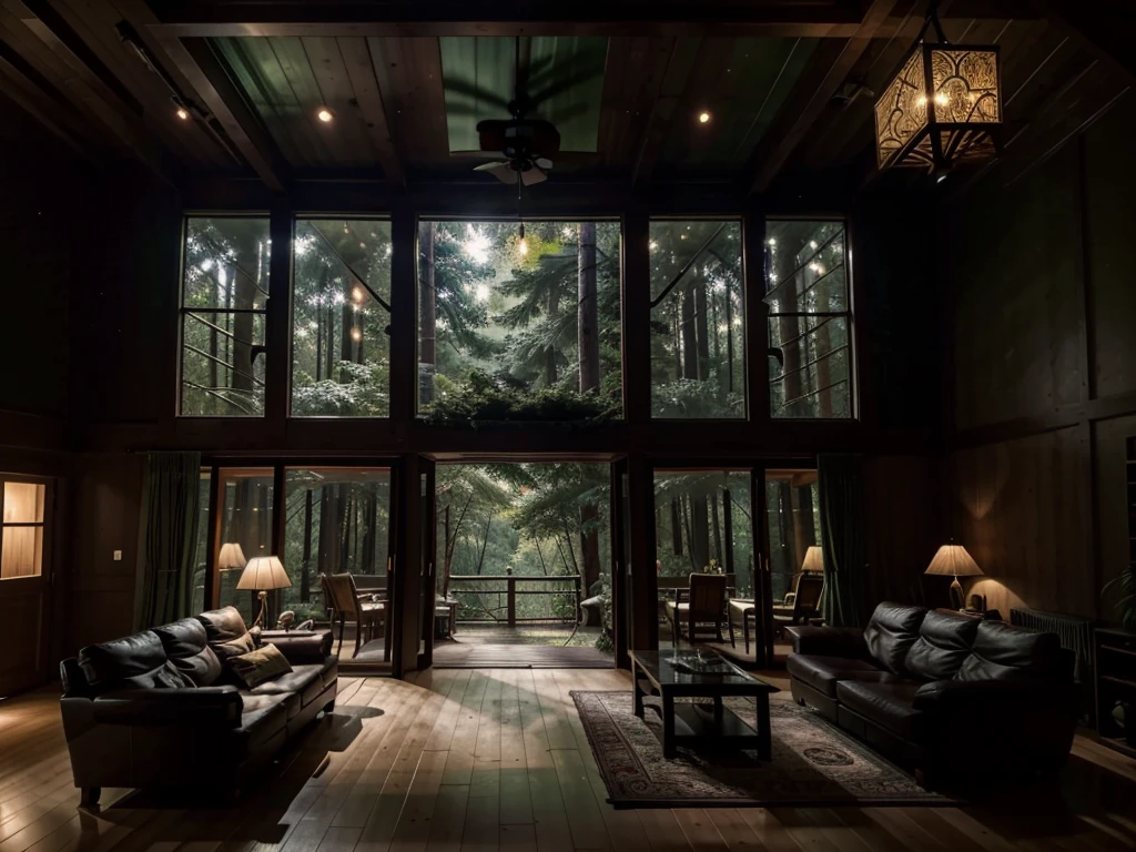 The double-height living room of the Forest House,Large floor-to-ceiling windows. It was dark outside,Dense trees cover the.. The living room is decorated with a bed and lamps that illuminate the room. Darker color palette,Green, Bringing the feeling of wild animals.