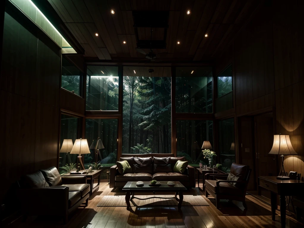 The double-height living room of the Forest House，Large floor-to-ceiling windows. It was dark outside，Dense trees cover the.. The living room is decorated with a bed and lamps that illuminate the room. Darker color palette，Green, Bringing the feeling of wild animals.