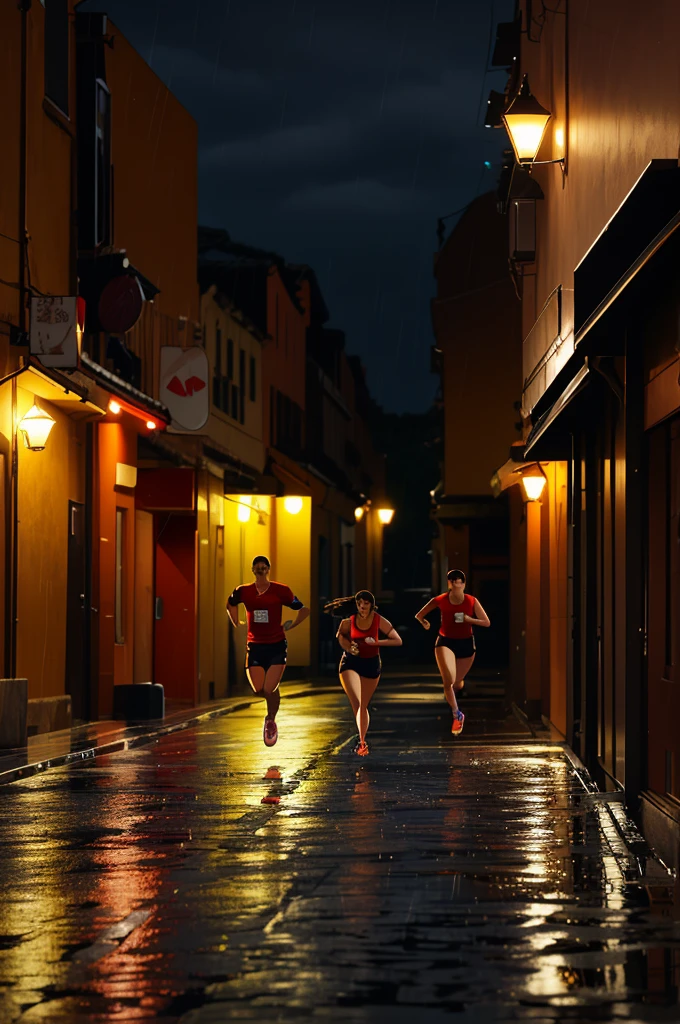 A woman running and a guard running after her, it was night, it was raining and the place was deserted. 