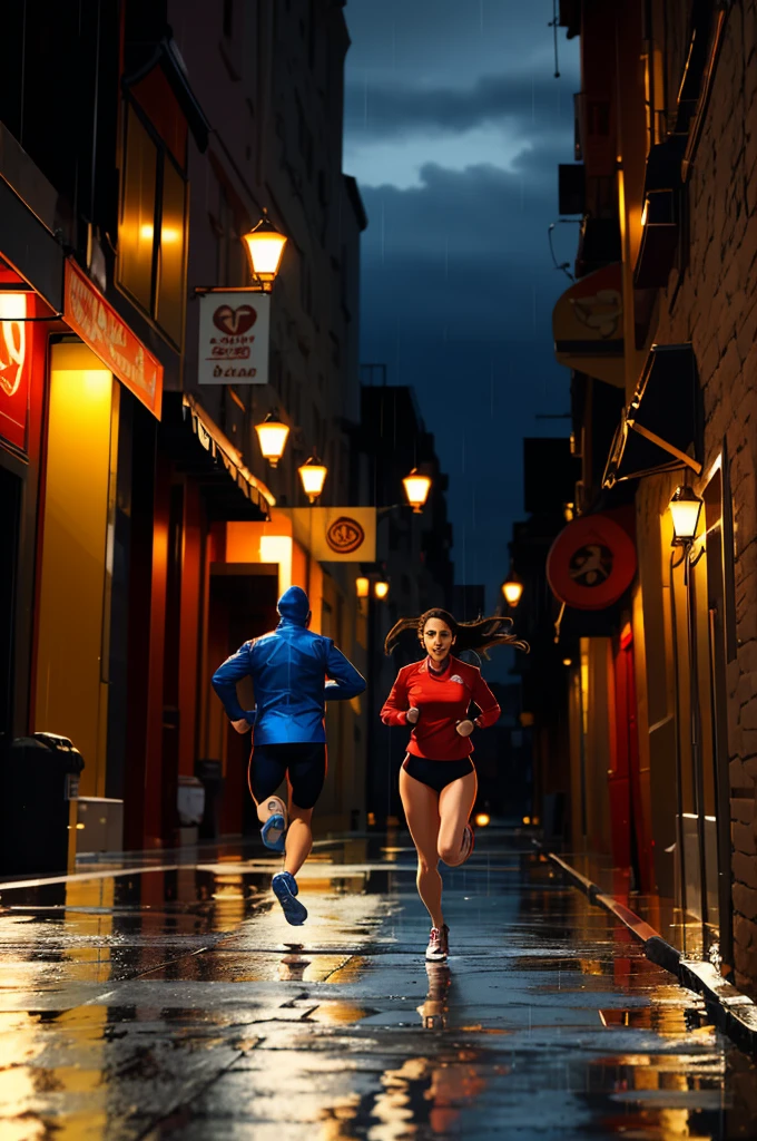 A woman running and a guard running after her, it was night, it was raining and the place was deserted. 