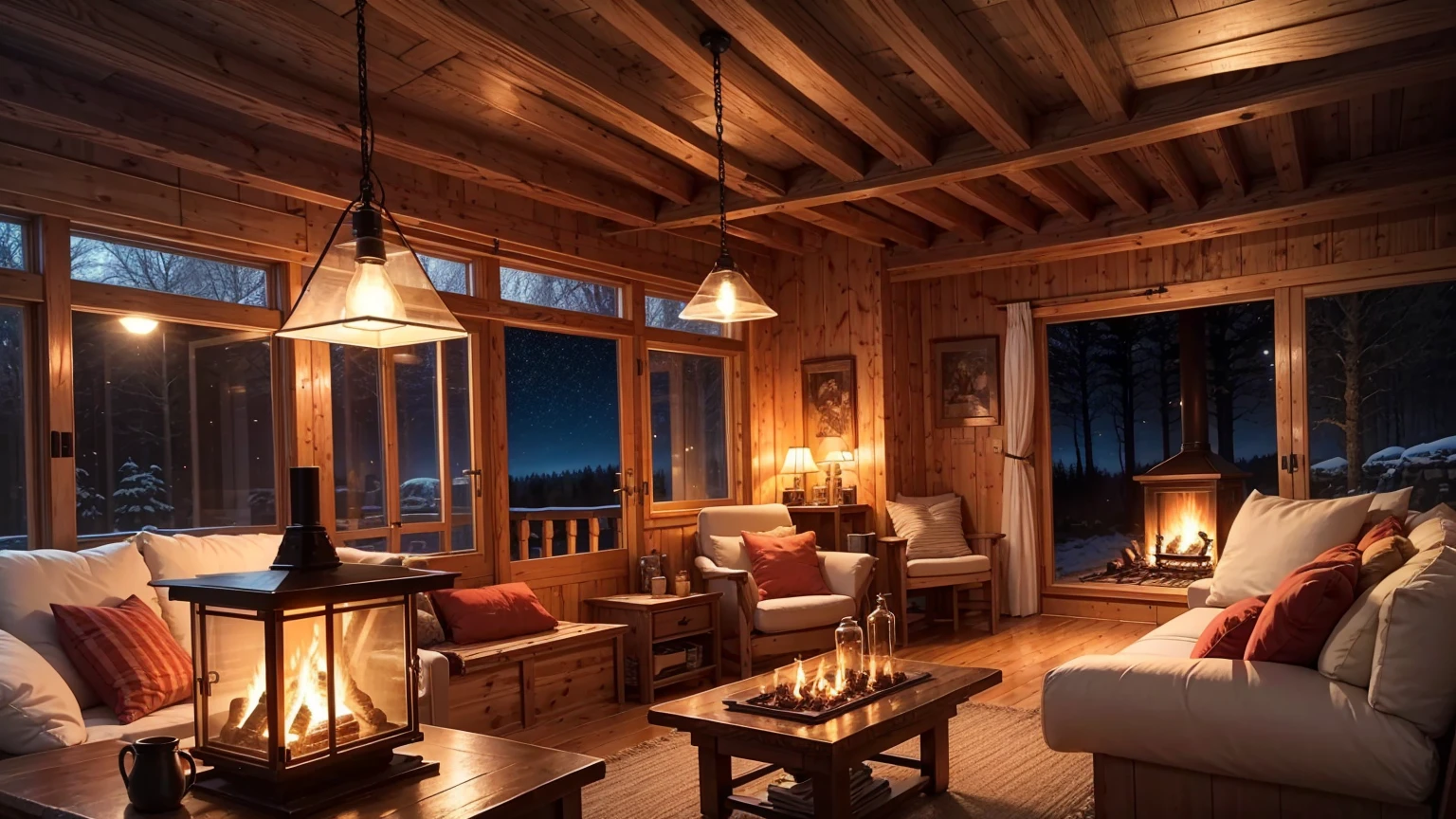 Wooden cabin living room anime background, this night outside](cozy atmosphere), (subtle lighting), bright stone fireplace fire, this best quality evening, transparent glass windows