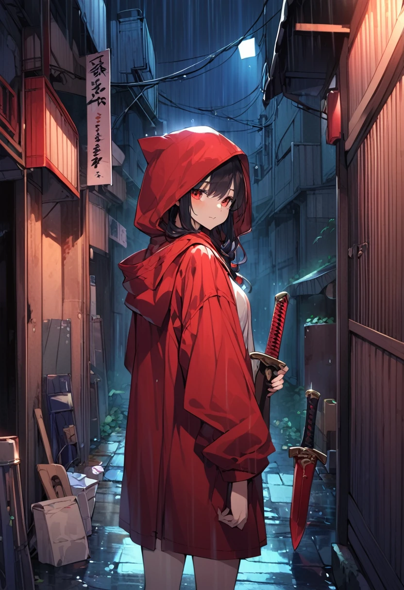 Japanese girl Wear a red long hooded coat Hold the dagger in your backhand rain Back alley at night