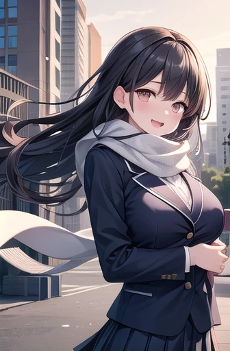 Solo Girl,Cowboy Shot, 20-year-old, Long Hair,View Audience, Black Hair, Brown eyes, Center of chest, Happy,Fluffy scarf,,Dark blue pleated skirt,  Dark Blue Blazer,Flowing Wind,Moaning, Outdoor, School, Highest quality, High resolution, Very detailed, Detailed Background, Perfect lighting、Large Breasts