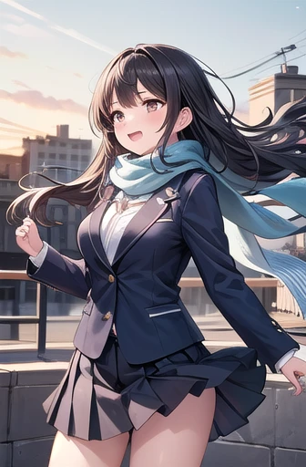 Solo Girl,Cowboy Shot, 20-year-old, Long Hair,View Audience, Black Hair, Brown eyes, Center of chest, Happy,Fluffy scarf,,Dark blue pleated skirt,  Dark Blue Blazer,Flowing Wind,Moaning, Outdoor, School, Highest quality, High resolution, Very detailed, Detailed Background, Perfect lighting、Large Breasts