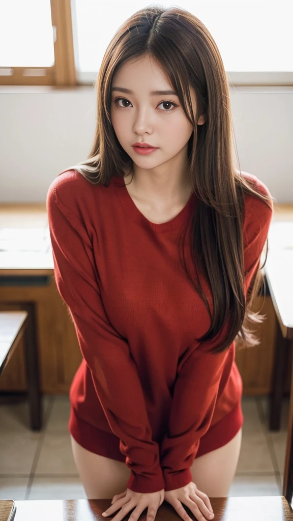 randome pose、top-quality、超A high resolution、(Photorealsitic:1.5)、1人、Red sweater、(Brown hair:1.2)、(huge-breasted:1.2)、Classroom、looking at viewert、a closeup、full body Esbian、Nasty eyes