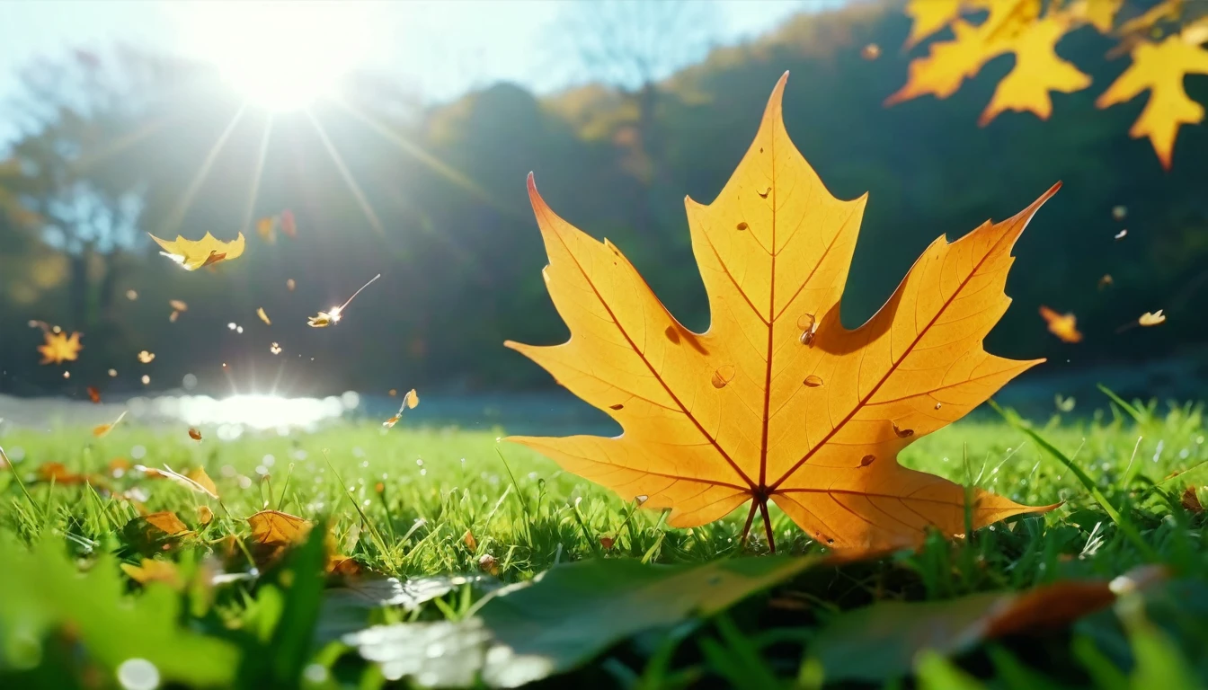 there is a leaf that is sitting on the grass, (イチョウの葉)magical leafs falling, nature documentry footage, youtube video screenshot, today's featured photography 4k,秋 turkel, nature photography 4k, 10月, cinematic widescreen shot, leaves and magic, high quality screenshot, 2 0 2 1 cinematic 4 k framegrab, wide screenshot