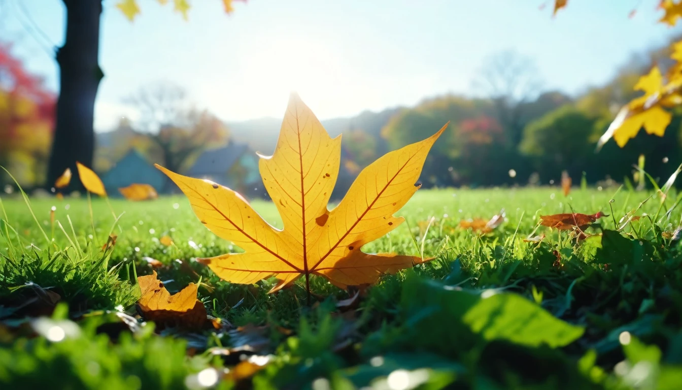 there is a leaf that is sitting on the grass, (イチョウの葉)magical leafs falling, nature documentry footage, youtube video screenshot, today's featured photography 4k,秋 turkel, nature photography 4k, 10月, cinematic widescreen shot, leaves and magic, high quality screenshot, 2 0 2 1 cinematic 4 k framegrab, wide screenshot