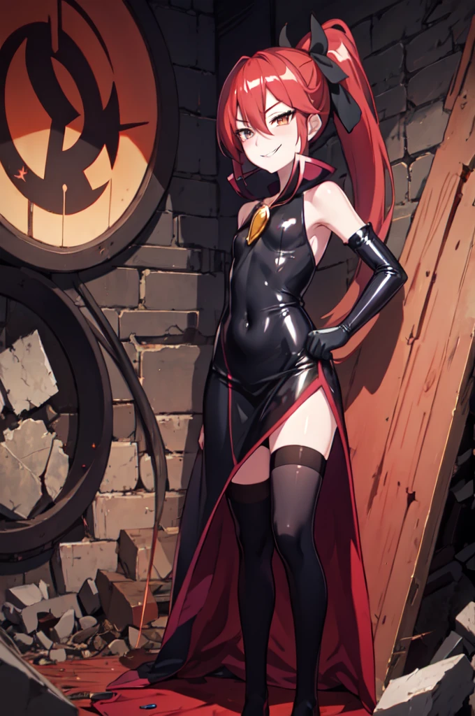 Highest quality, masterpiece, One Girl,Not beautiful, Red Ponytail, Long dress, brooch, Hair Ribbon,, Black knee socks, Standing on the rubble,  (Wicked Smile:1.1), ,,Dark shadowed face,Sadistic smile,Malice,Contempt,smile,latex,Bad face,,Red Skirt,two hands,two legs,five fingers,evil background,elbow gloves,latex, Wicked Smile, devilish aura (Shiny fabric:1.5),Dark world background,独奏,


