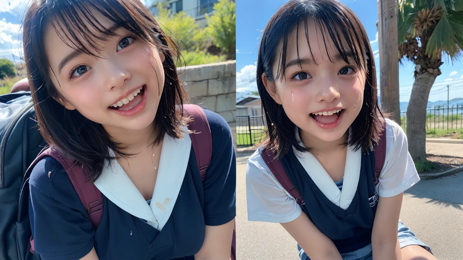 (2Split Photo:1.3)、Magazine Cover:1.3、Japanese,10 years old,Innocent face,Teenage Girl,cute,Primary school students,Private elementary school,uniform,Carrying a small red backpack,Summer clothes,Sitting、front、Cute smile、Laugh with your mouth wide open、((Semen dripping from the mouth:1.2))、Mouth full of semen:1.5、A lot of semen on the tongue、((Cloudy, thick semen))、whole body、Full Body、Semen dripping from the genitals、You can see the nipples、Not wearing a bra
