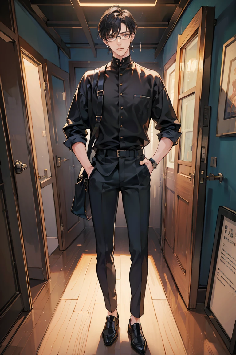 anime - (masterpiece), best quality, seductive eyes, perfect face, handsome man, brown eyes, long slicked back black hair, long nose, tan brown skin, white collar, blue long sleeve, black fitted pants, silver watch, square glasses, extremely tall man, long legs, long calves, full body, tall man, long legs, anime cover, 1boy, ear piercings, hands in pockets, adult-like look, in the background it's like a studio where you can see a guitar and drums, he's wearing black headphones while looking at the camera