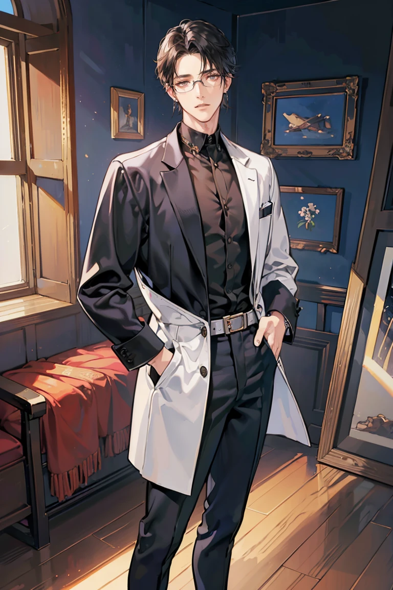 anime - (masterpiece), best quality, seductive eyes, perfect face, handsome man, brown eyes, long slicked back black hair, long nose, tan brown skin, white collar, blue long sleeve, black fitted pants, silver watch, square glasses, extremely tall man, long legs, long calves, full body, tall man, long legs, anime cover, 1boy, ear piercings, hands in pockets, adult-like look, in the background it's like a studio where you can see a guitar and drums, he's wearing black headphones while looking at the camera 
