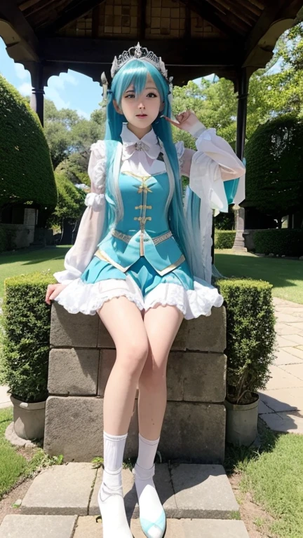 One girl, hatsune miku, Princess Costumes, Crown, Money, ((Throne)), Inside the castle, middle ages, Wearing a blue vest, Put one foot on the ground, The calf of the other leg is facing outward, hold the microphone with one hand, Put your other hand over your eye, White Background