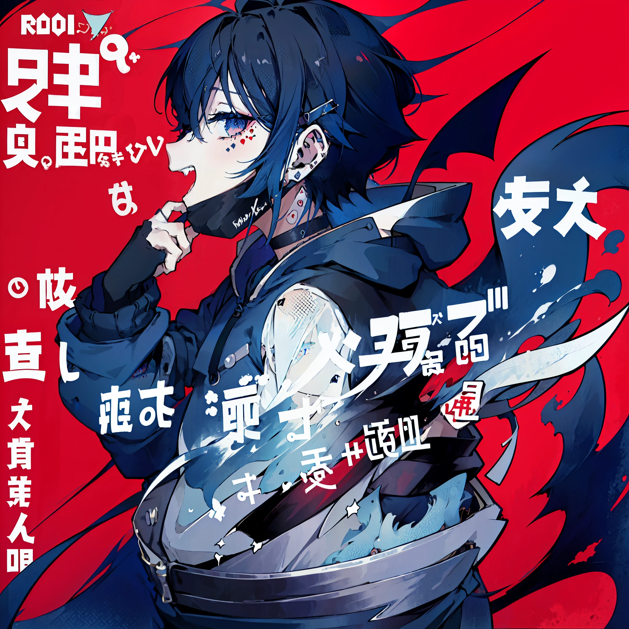 (1boy), (Wearing a blue shark tail hoodie), (Boy Messy Japanese Round Haircut for Thick Hair), (blue nails), (blue hair), black shorts, ((solo)), (magazine:1.3), (cover-style:1.3),  simple background, watch, mouth mask, wristwatch, stud earrings, vampire, halftone, mask pull, jirai kei, fangs, score_9, score_8_up, score_7_up, best quality, masterpiece, 4k, perfect lighting, very aesthetic, GOTH GIRL, (red pupils with X shape:1), x-shaped pupils, Ultra-detail,(highres:1.1),best quality,(masterpiece:1.2), cinematic lighting, (detailed face and eyes:1.2), 
