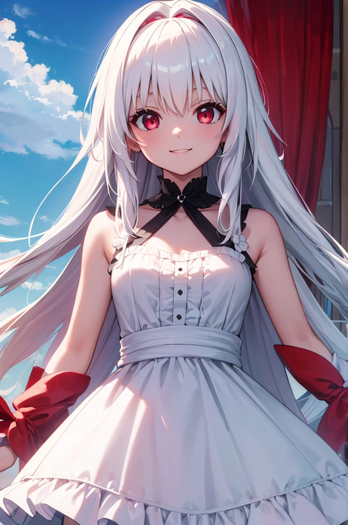 (masterpiece:1.3), (best quality:1.1), (8k, ultra detailed, ultra high res:1.2), ((anime style)), perfect 5 fingers, perfect anatomy, 
1girl,
BREAK long hair, (white hair:1.2), 
red eyes, dress, (Opalescent:1.4), sundress, 
smile, 
looking up, 
upper body, 
standing, 
no background, 