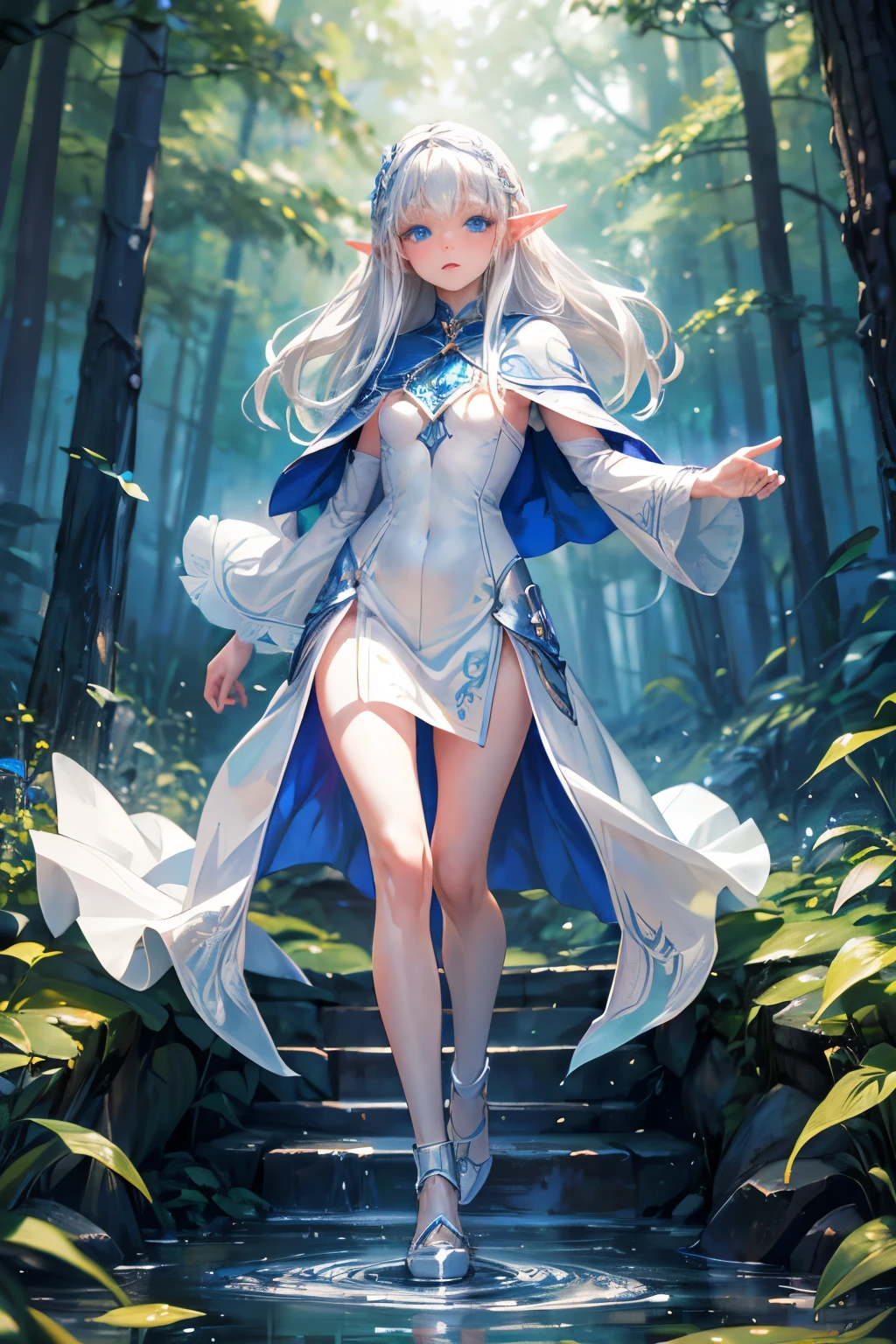 masterpiece,Highest quality,Very detailed,Running Elf Girl,Luxurious white dress,Blue Cape, teenager,Long straight silver hair,Beautiful and detailed eyes,skinny,Small breasts, full body,Dynamic,Forest Lakeside