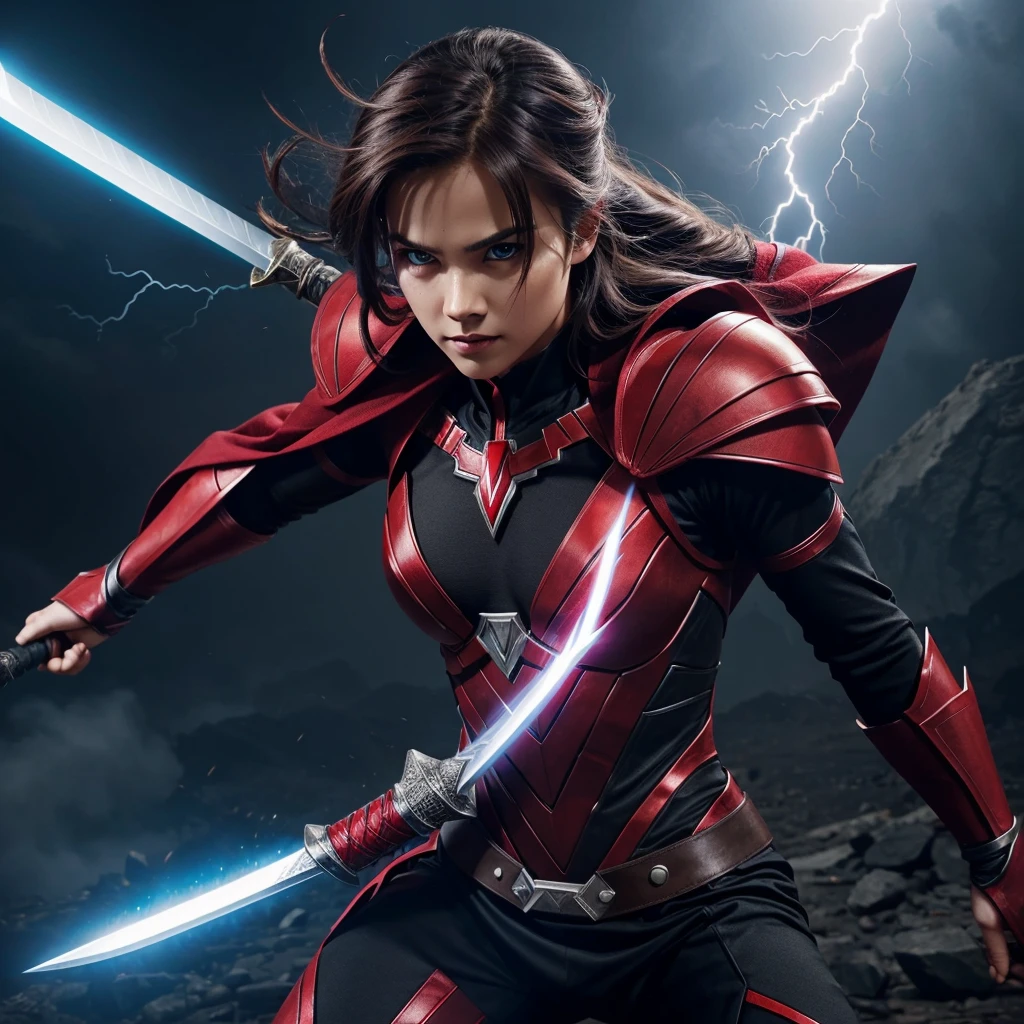 Create a superhero suit with fighting skill and magic power and lightning and flying power with a powerful sword black and red combo and exo arm and red eye