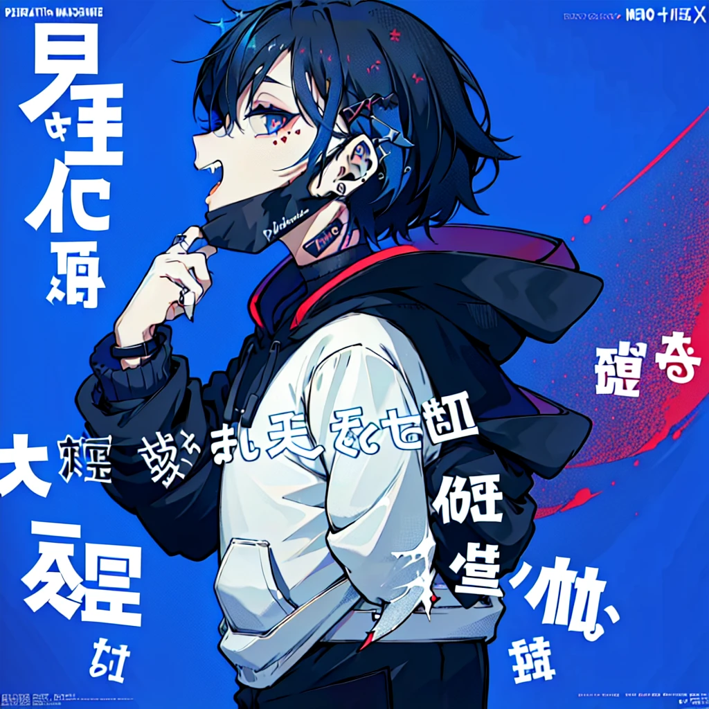 (1boy), (Wearing a blue shark tail hoodie), (Boy Messy Japanese Round Haircut for Thick Hair), (blue nails), (blue hair), black shorts, ((solo)), (magazine:1.3), (cover-style:1.3),  simple background, watch, mouth mask, wristwatch, stud earrings, vampire, halftone, mask pull, jirai kei, fangs, score_9, score_8_up, score_7_up, best quality, masterpiece, 4k, perfect lighting, very aesthetic, GOTH GIRL, (red pupils with X shape:1), x-shaped pupils, Ultra-detail,(highres:1.1),best quality,(masterpiece:1.2), cinematic lighting, (detailed face and eyes:1.2), 