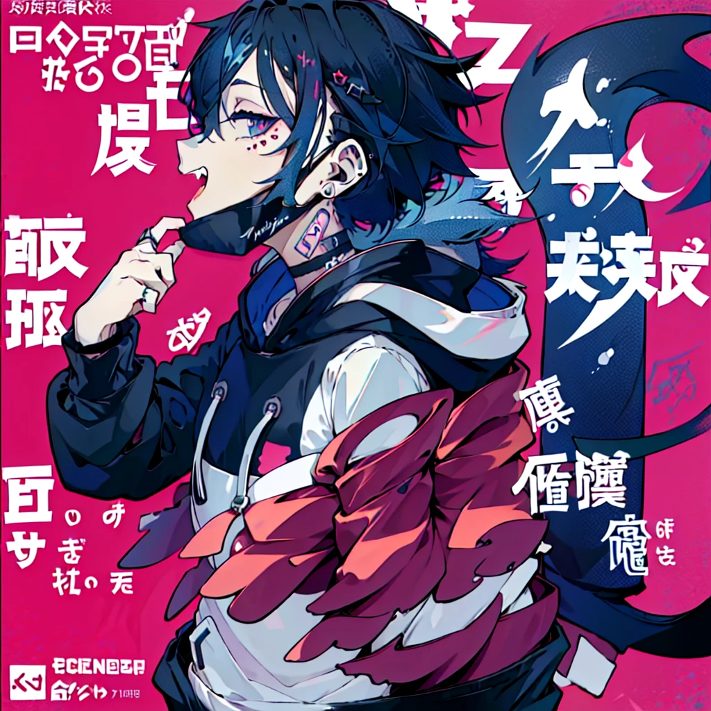 (1boy), (Wearing a blue shark tail hoodie), (Boy Messy Japanese Round Haircut for Thick Hair), (blue nails), (blue hair), black shorts, ((solo)), (magazine:1.3), (cover-style:1.3), simple background, watch, mouth mask, wristwatch, stud earrings, vampire, halftone, mask pull, jirai kei, fangs, score_9, score_8_up, score_7_up, best quality, masterpiece, 4k, perfect lighting, very aesthetic, GOTH GIRL, (red pupils with X shape:1), x-shaped pupils, Ultra-detail,(highres:1.1),best quality,(masterpiece:1.2), cinematic lighting, (detailed face and eyes:1.2),
