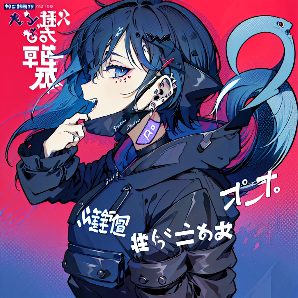 (1boy), (Wearing a blue shark tail hoodie), (Boy Messy Japanese Round Haircut for Thick Hair), (blue nails), (blue hair), black shorts, ((solo)), (magazine:1.3), (cover-style:1.3),  simple background, watch, mouth mask, wristwatch, stud earrings, vampire, halftone, mask pull, jirai kei, fangs, score_9, score_8_up, score_7_up, best quality, masterpiece, 4k, perfect lighting, very aesthetic, GOTH GIRL, (red pupils with X shape:1), x-shaped pupils, Ultra-detail,(highres:1.1),best quality,(masterpiece:1.2), cinematic lighting, (detailed face and eyes:1.2), 