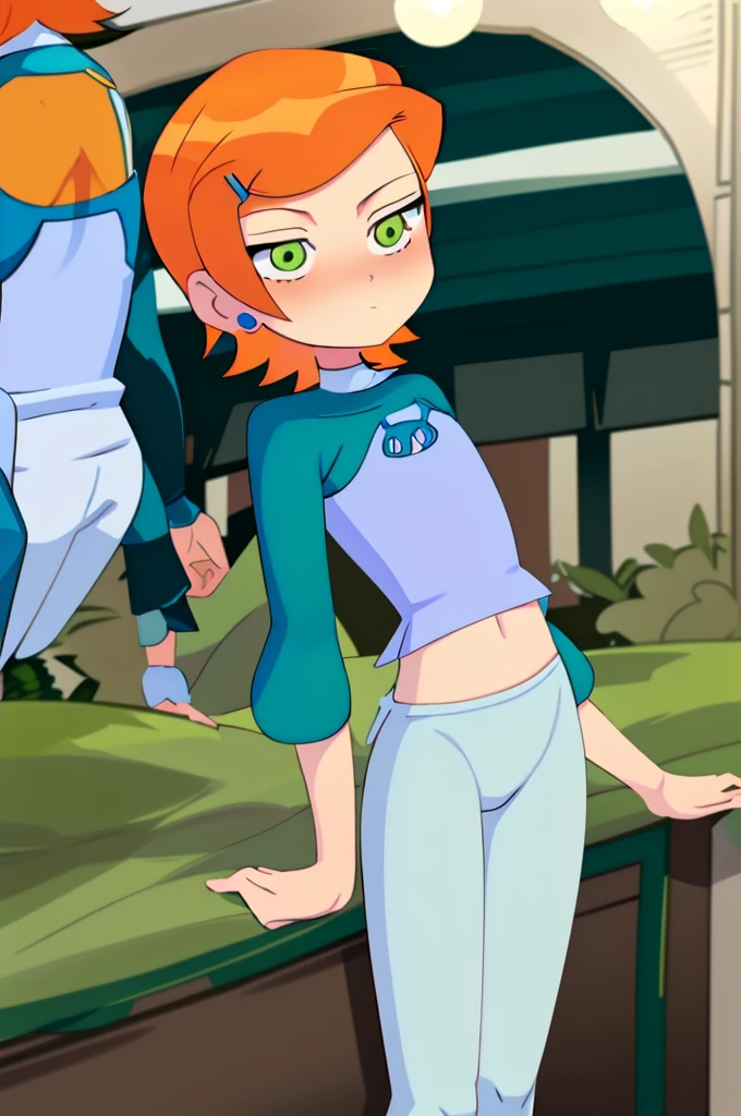 (masterpiece, best quality), 1girl, claasicgwen,solo,orange hair,short hair,green eyes ,blue shirt,raglan sleeves,long sleeves,white pants nipples nsfw