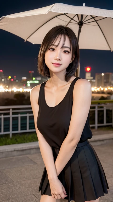(RAW Photos, 最high quality), (Realistic, photoRealistic: 1.2), (Round face: 1), 1 Girl, Outdoor selfie, (Skin with attention to detail: 1.2), (Puffy eyes), (Lying Silkworm), smile, clavicle, water, Straight brown black hair, Pure black pleated skirt, Soft lighting, high quality, Cityscape, Skyline, night, rain, Wet, Professional Lighting, Photon Mapping, Radio City, Physically Based Rendering,