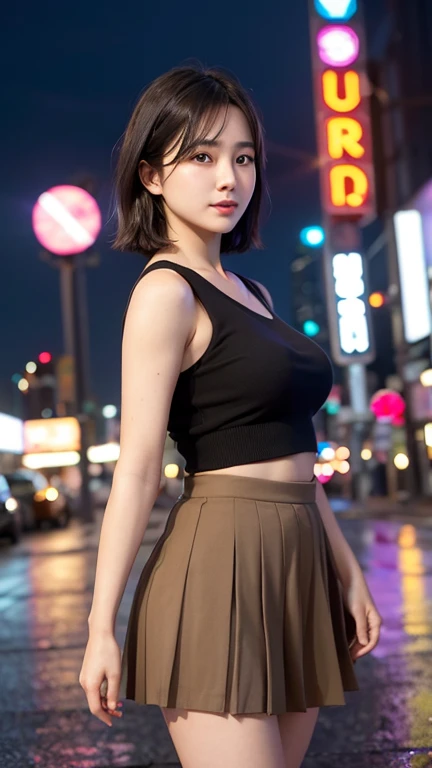 (RAW Photos, 最high quality), (Realistic, photoRealistic: 1.2), (Round face: 1), 1 Girl, Outdoor selfie, (Skin with attention to detail: 1.2), (Puffy eyes), (Lying Silkworm), smile, clavicle, water, Straight brown black hair, Pure black pleated skirt, Soft lighting, high quality, Cityscape, Skyline, night, rain, Wet, Professional Lighting, Photon Mapping, Radio City, Physically Based Rendering,