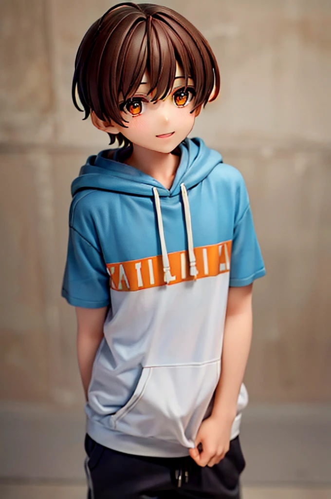 One boy,Brown Hair,,Shorts,Orange eyes,Hoodie with short sleeves,Drooping eyes,Wide Eyes,A little quirky hair,smile,Easygoing,cute