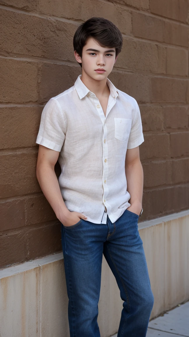 Nathan Kress, ((, dark-brown hair, brown eyes, pale skin)), defined jawline, extremely detailed face, linen off-white shirt, shirt is tucked out, blue jeans, full body shot