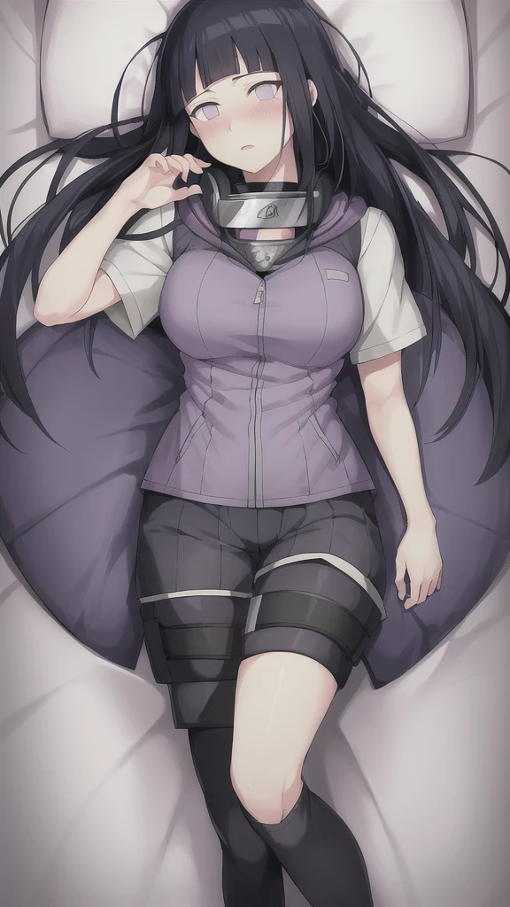 Best quality, absurdres, ultra-detailed,  hyuuga hinata, Hinata-Jacket-Outfit, 1girl, solo, breasts, blush, forehead_protector_around_neck, lying, on_back, bed