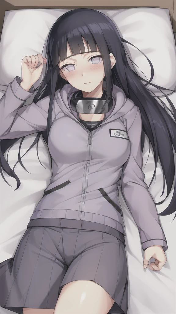 Best quality, absurdres, ultra-detailed, hyuuga hinata, Hinata-Jacket-Outfit, 1girl, solo, breasts, blush, forehead_protector_around_neck, lying, on_back, bed