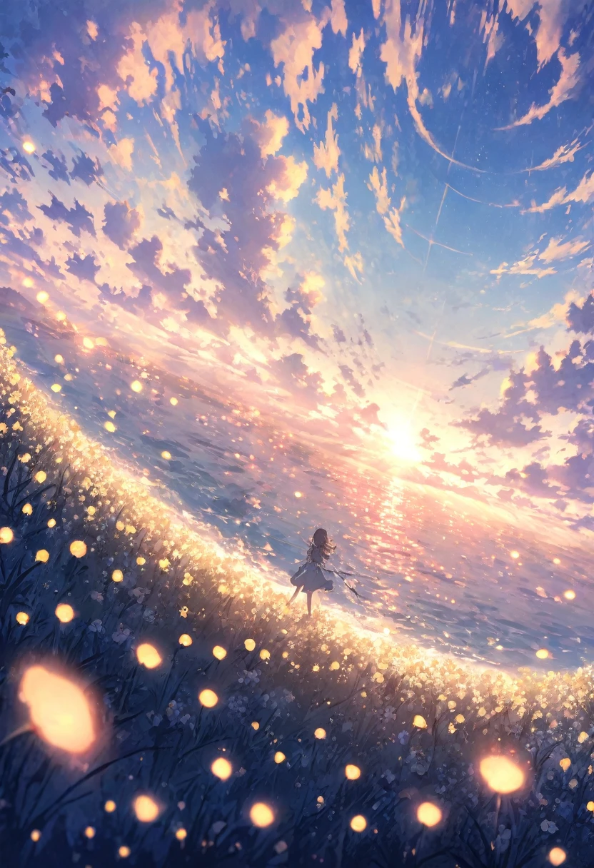 blue sky, White clouds floating in the distance, Standing on a sea of flowers, holding a fairy wand、There are fireflies flying around. The background is filled with cloud flowers of all sizes., Creates a dreamy, dreamy atmosphere with blue tones. High-definition anime style, High resolution. Panoramic view from above, Capturing the vastness of nature. Soft lighting creates a warm atmosphere.