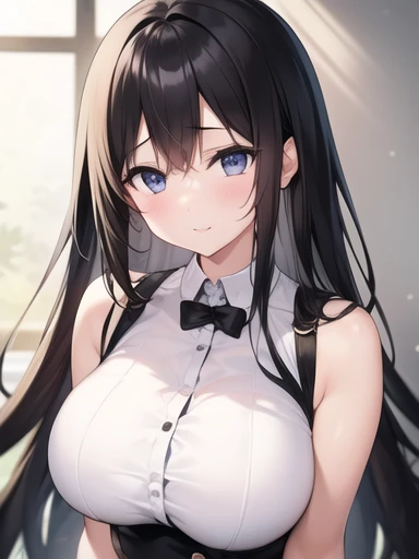 A girl taking a commemorative photo。Black Hair。Long Hair、Big Breasts