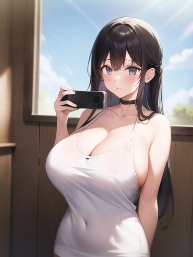 A girl taking a commemorative photo。Black Hair。Long Hair、Big Breasts