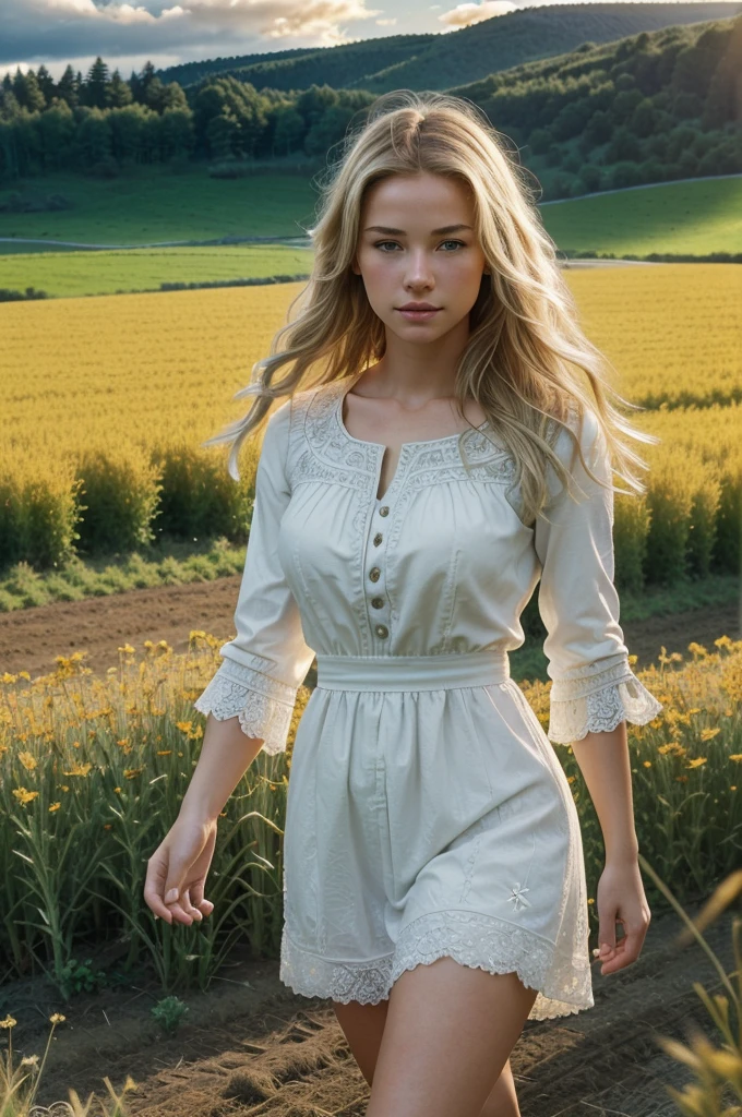 (realistic:1.3), finely detailed, quality, rembrandt lighting, (masterpiece:1.2), (photorealistic:1.2), (best quality), (detailed skin:1.3), (intricate details), dramatic, ray tracing, 1girl, american white girl, blonde hair, 21 years old, medium breasts, (Meadow, Sun, Clouds, Field, Farming, Starlight, Walking trail)