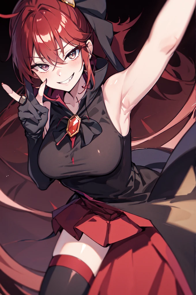 Highest quality, masterpiece, One Girl,Not beautiful, Red Ponytail, Long dress, brooch, Hair Ribbon,, Black knee socks, Standing on the rubble, (Wicked Smile:1.1), ,,Dark shadowed face,Sadistic smile,Malice,Contempt,smile,latex,Bad face,,Red Skirt,two hands,two legs,five fingers,evil background,elbow gloves,latex, Wicked Smile, devilish aura (Shiny fabric:1.5),Dark world background,独奏,