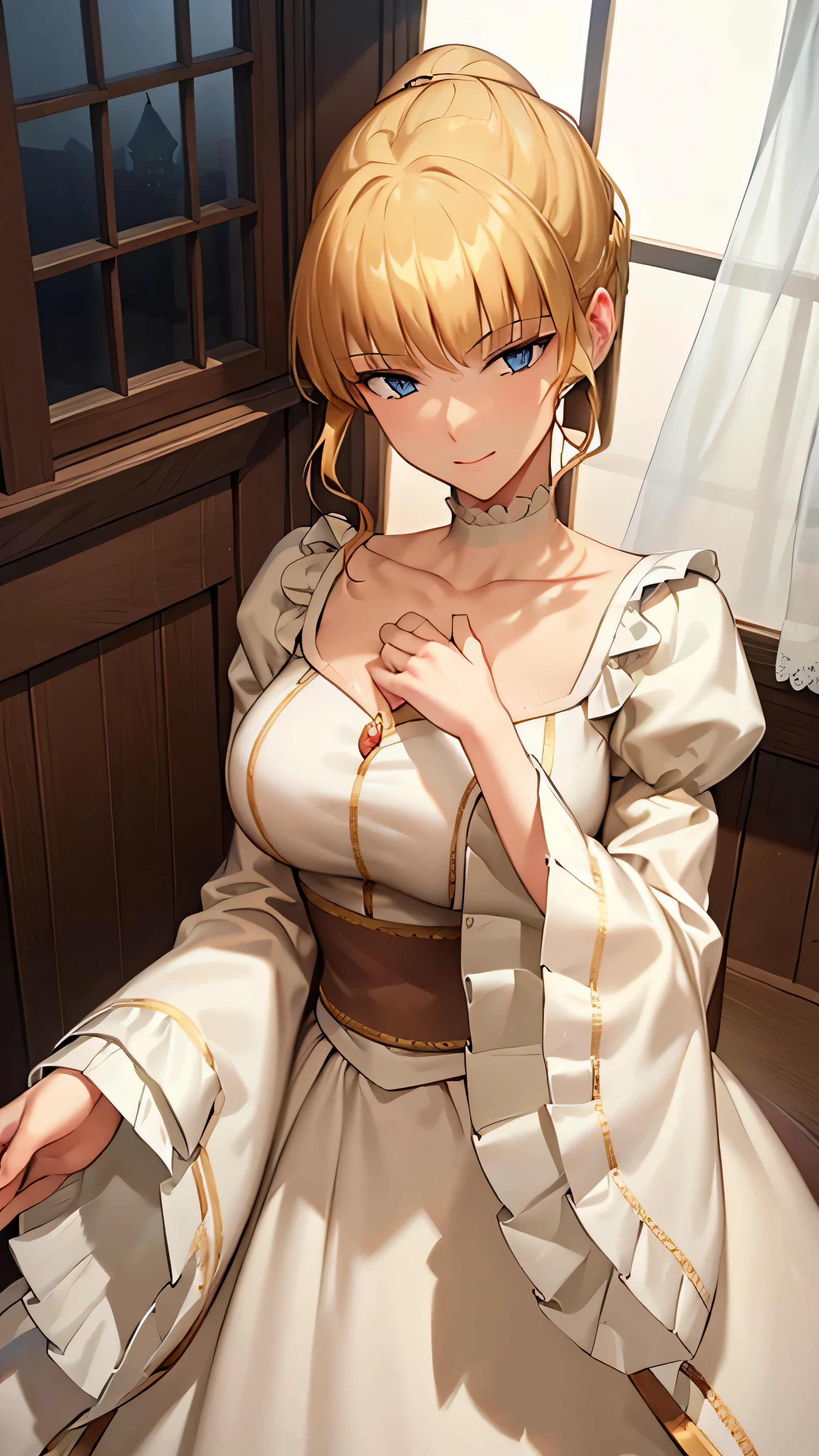 (masterpiece), (HD), pov, from above, blonde hair, (regal white and gold dress), intricately design, blue eyes, royal chamber, window, curtains, moonlight, night, smirk, hand on chest, 